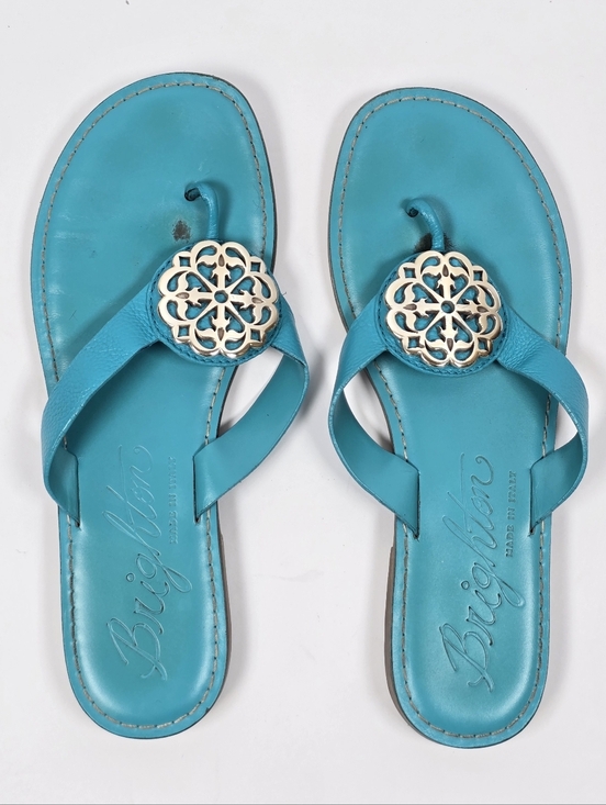 Brighton Shoes - Brighton Alice Ferrara Turquoise Blue Leather Silver Medallion Thong Sandals Sz9